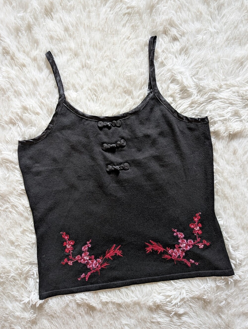 Y2K Vintage Morbid Threads Cherry Blossom Embroidered Black Cami Tank XL